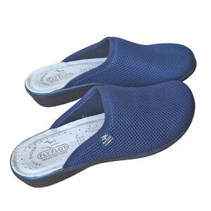 Fly Flot Anti Shock Sz 8 / 39 Mule Clogs Navy Blue Fabric Slip On Made In Italy